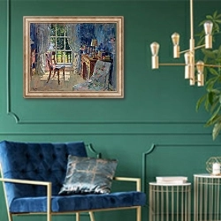 «Bedroom with Lake View» в интерьере в классическом стиле с зеленой стеной