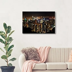 «Ночной Гонконг, вид с Пика Виктории» в интерьере современной светлой гостиной над диваном