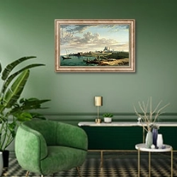 «A View of Montevideo» в интерьере гостиной в зеленых тонах
