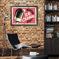 «Ретро-реклама мороженого с эскимо с налочке» в интерьере кабинета в стиле лофт с кирпичными стенами