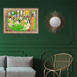 «10 links in a chain, 2002, oil on canvas» в интерьере классической гостиной с зеленой стеной над диваном