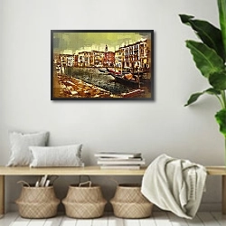 «Венецианский городской пейзаж с лодками и каналом » в интерьере комнаты в стиле ретро с плетеными корзинами