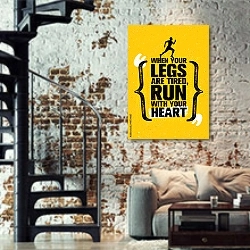 «When Your Legs Are Tired, Run With Your Heart» в интерьере двухярусной гостиной в стиле лофт с кирпичной стеной