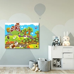 «Веселая ферма» в интерьере детской комнаты для мальчика с росписью на стенах