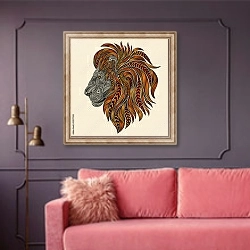 «Векторный лев с огненной красной гривой» в интерьере гостиной с розовым диваном
