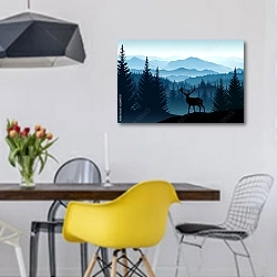 «Синий пейзаж с силуэтами туманных гор, лесов и оленей» в интерьере столовой в скандинавском стиле с яркими деталями
