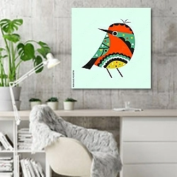 «Декоративная красочная птичка» в интерьере кабинета в скандинавском стиле с бетонной стеной