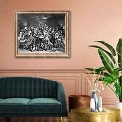 «Scene in a Gaming House, plate VI from 'A Rake's Progress'» в интерьере классической гостиной над диваном