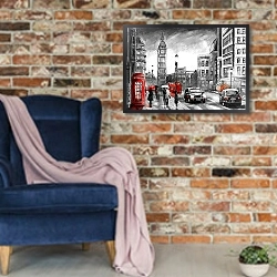 «Красная телефонная будка на мокрой улице Лондона» в интерьере в стиле лофт с кирпичной стеной и синим креслом