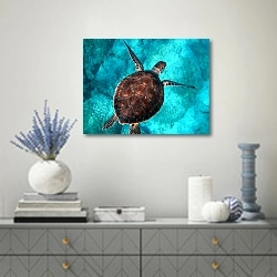 «Черепаха в голубой воде 1» в интерьере современной гостиной с голубыми деталями