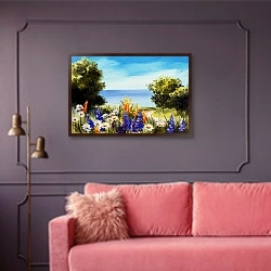 «Цветы возле моря» в интерьере гостиной с розовым диваном