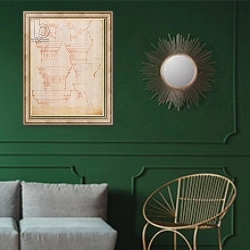 «W.18v Study of column capitals» в интерьере классической гостиной с зеленой стеной над диваном
