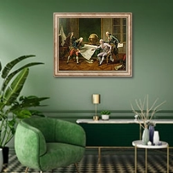 «Louis XVI Giving Instructions to La Perouse, 29th June 1785, 1817» в интерьере гостиной в зеленых тонах