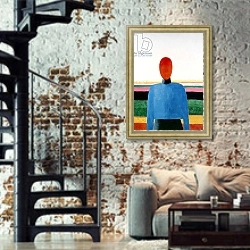 «Bust of Woman 1» в интерьере двухярусной гостиной в стиле лофт с кирпичной стеной