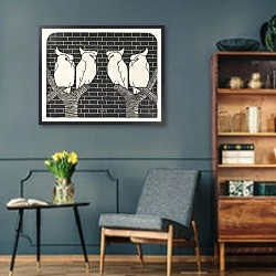 «Vier kroonkaketoes» в интерьере гостиной в стиле ретро в серых тонах