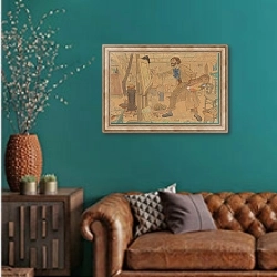 «Een enigszins karikaturaal weergegeven schilder werkend in zijn atelier aan een luministisch landschap» в интерьере гостиной с зеленой стеной над диваном