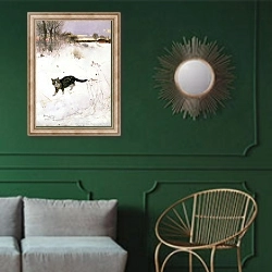 «Cat Stalking over Snow, 1884» в интерьере классической гостиной с зеленой стеной над диваном