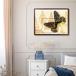«Чёрно-жёлтая бабочка с орнаментом на стене» в интерьере спальни в стиле прованс с синими деталями