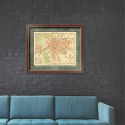 «Карта Лейпцига, конец 19 в. 2» в интерьере в стиле лофт с черной кирпичной стеной