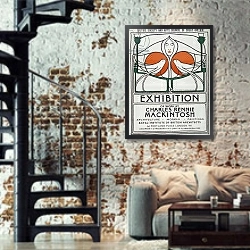 «Poster: The Scottish Musical Review, 1953 reproduction after 1896 original» в интерьере двухярусной гостиной в стиле лофт с кирпичной стеной