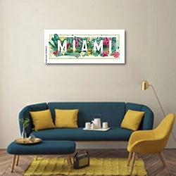 «Надпись Майами в цветах и листьях» в интерьере гостиной в стиле поп-арт с желтыми деталями