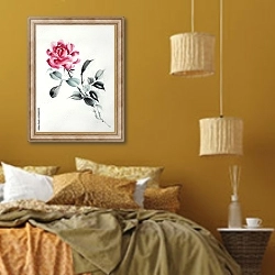 «Красная китайская роза 1» в интерьере спальни  в этническом стиле в желтых тонах