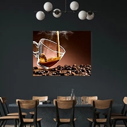 «Эспрессо, наливающееся в стеклянную чашку» в интерьере столовой с черными стенами