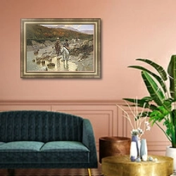 «Казаки у горной речки 1892» в интерьере классической гостиной с зеленой стеной над диваном