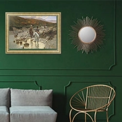 «Казаки у горной речки 1892» в интерьере классической гостиной с зеленой стеной над диваном