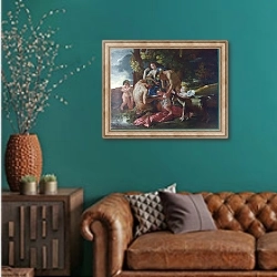 «Вскармливание Бахуса» в интерьере гостиной с зеленой стеной над диваном