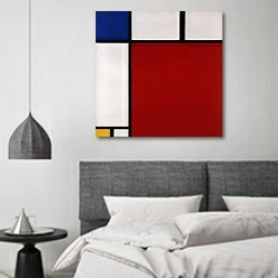 «Composition with Red, Blue and Yellow, 1930» в интерьере спальне в стиле минимализм над кроватью