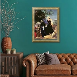 «Портрет сестер Шишмаревых. 1839» в интерьере гостиной с зеленой стеной над диваном