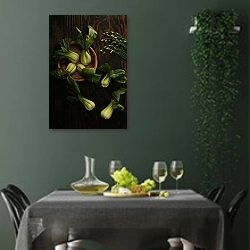 «Руккола на деревянном фоне» в интерьере столовой в зеленых тонах