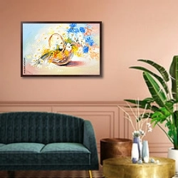 «Букет из весенних цветов в корзинке» в интерьере классической гостиной над диваном