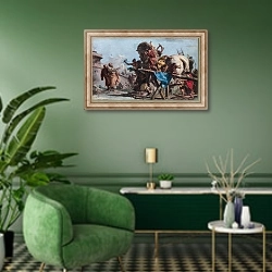 «Строительство Троянского коня» в интерьере гостиной в зеленых тонах