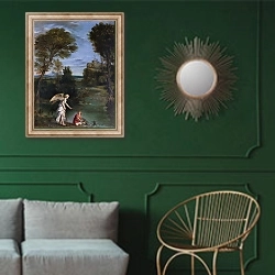 «Пейзаж с Тобиасом, лежащим и держащим рыбу» в интерьере классической гостиной с зеленой стеной над диваном