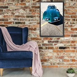 «Ретро-автомобиль №13» в интерьере в стиле лофт с кирпичной стеной и синим креслом