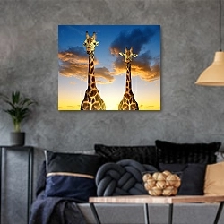«Два жирафа и закат» в интерьере гостиной в стиле лофт в серых тонах
