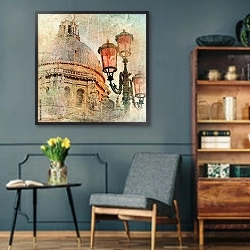 «Венецианский собор и фонари» в интерьере гостиной в стиле ретро в серых тонах