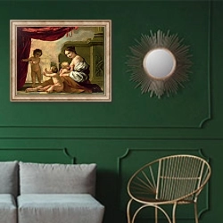«Allegory of Charity» в интерьере классической гостиной с зеленой стеной над диваном
