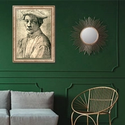 «Portrait of Andrea Quaratesi, c.1532» в интерьере классической гостиной с зеленой стеной над диваном