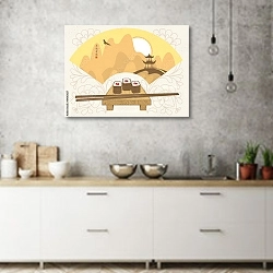 «Суши и веер с изображением японской горы» в интерьере современной кухни над раковиной