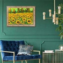 «Fragment of vintage oil painting depicting sunflowers, heavily textured.» в интерьере в классическом стиле с зеленой стеной «Fragment of vintage oil painting depicting sunflowers, heavily textured.» в интерьере в классическом стиле с зеленой стеной