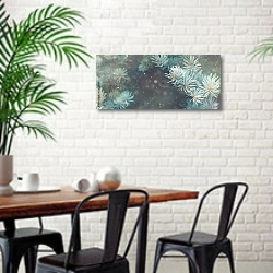 «Ветки голубой ели» в интерьере столовой в скандинавском стиле с кирпичной стеной