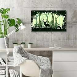 «Олень в зеленом лесу» в интерьере кабинета в скандинавском стиле с бетонной стеной