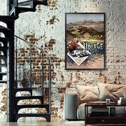 «Uriage-les-Bains» в интерьере двухярусной гостиной в стиле лофт с кирпичной стеной