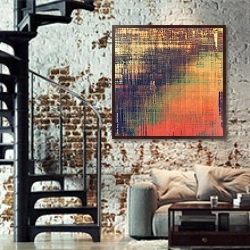 «Гранж текстура #92» в интерьере двухярусной гостиной в стиле лофт с кирпичной стеной