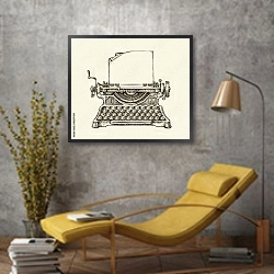 «Винтажная пишущая машинка с листком» в интерьере в стиле лофт с желтым креслом