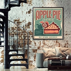 «Ретро плакат с яблочным пирогом» в интерьере двухярусной гостиной в стиле лофт с кирпичной стеной