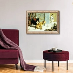 «Playful Friends, 1892» в интерьере гостиной в бордовых тонах